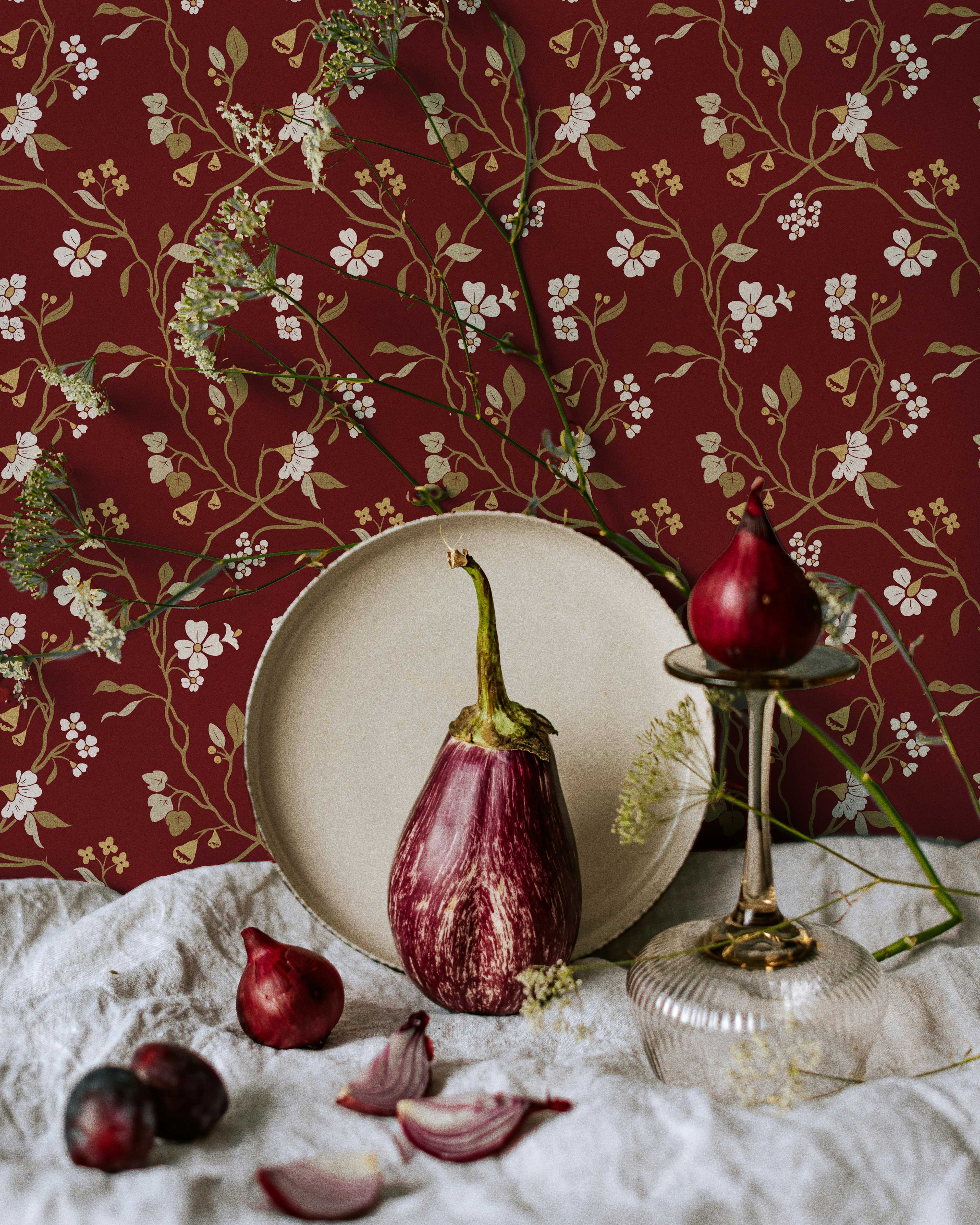 Lunaria Vine Wallpaper in Tuscan Merlot