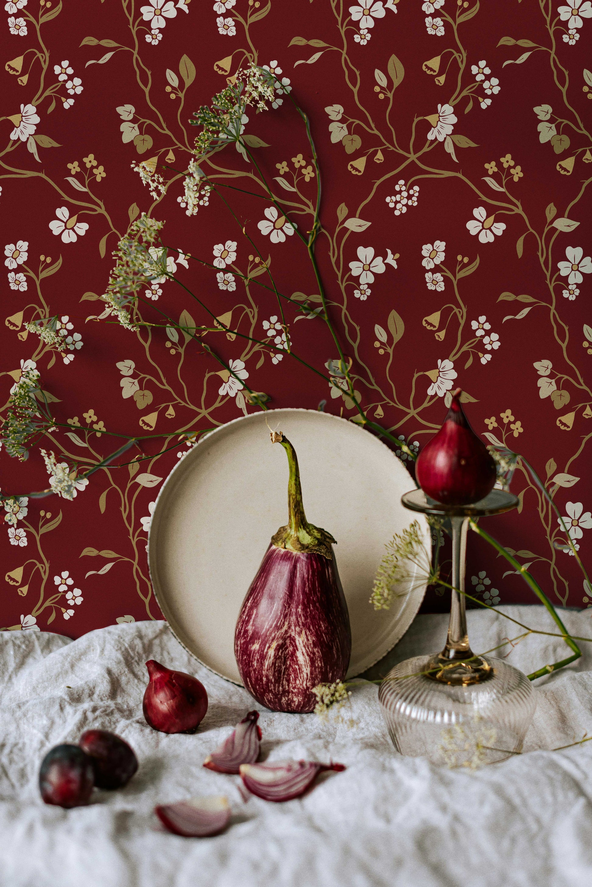 Lunaria Vine Wallpaper in Tuscan Merlot
