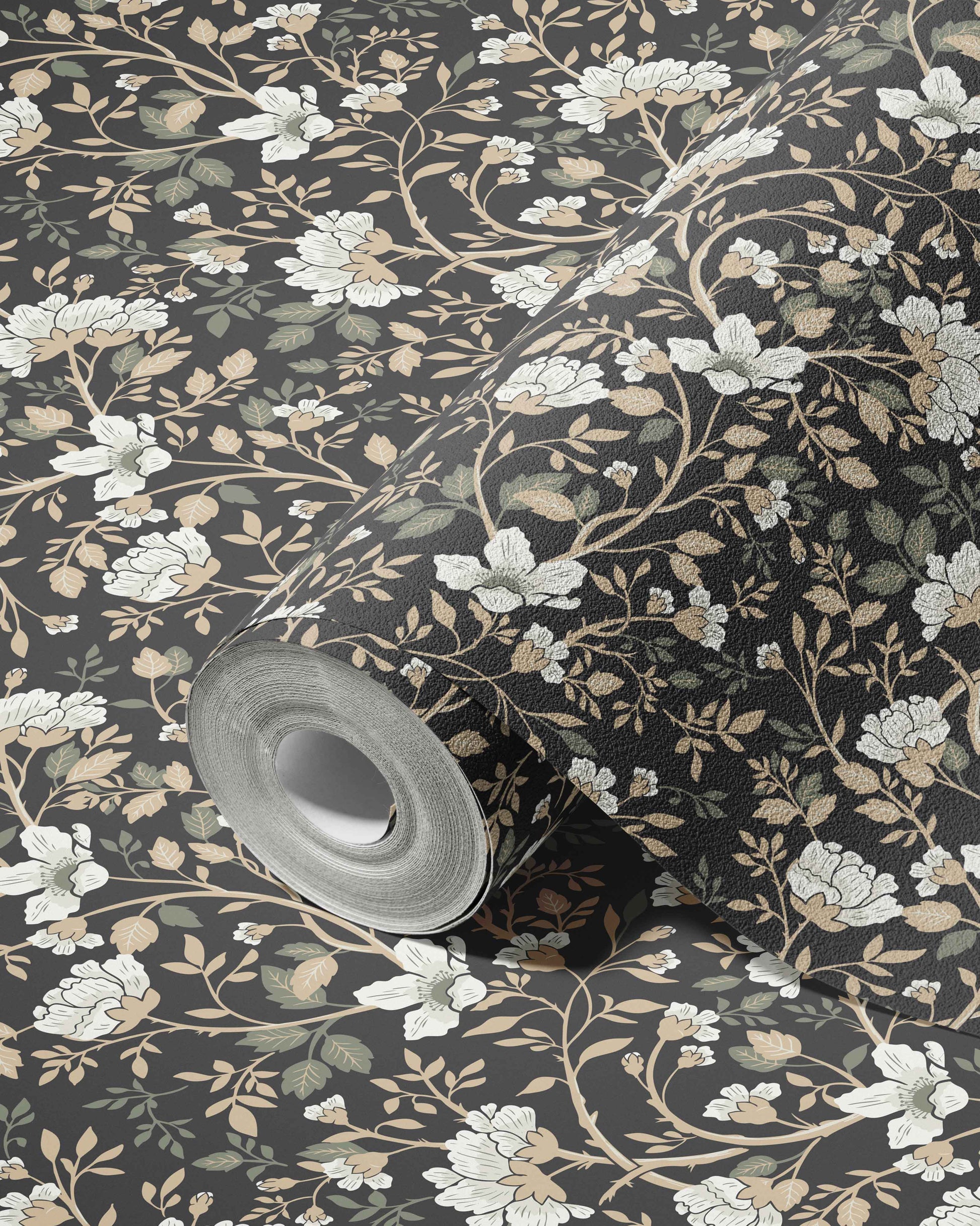 Camellia Study Wallpaper in Coal Cream Olive