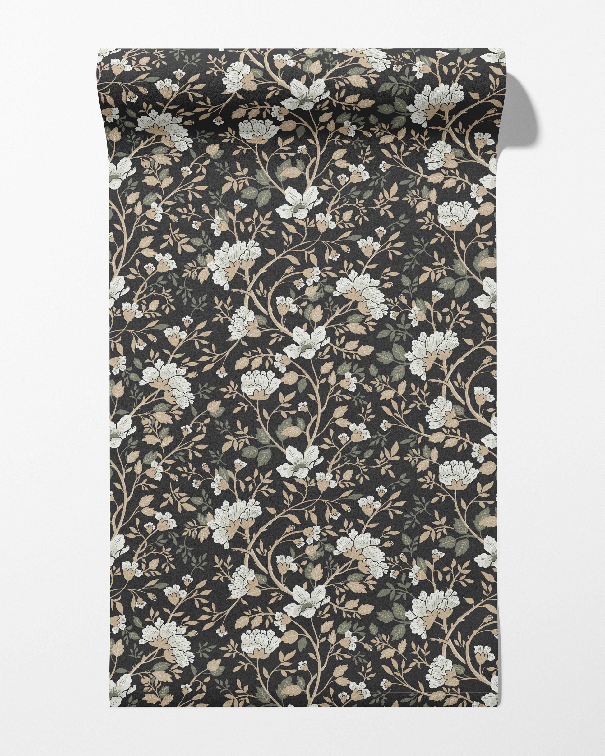 Camellia Study Wallpaper in Coal Cream Olive