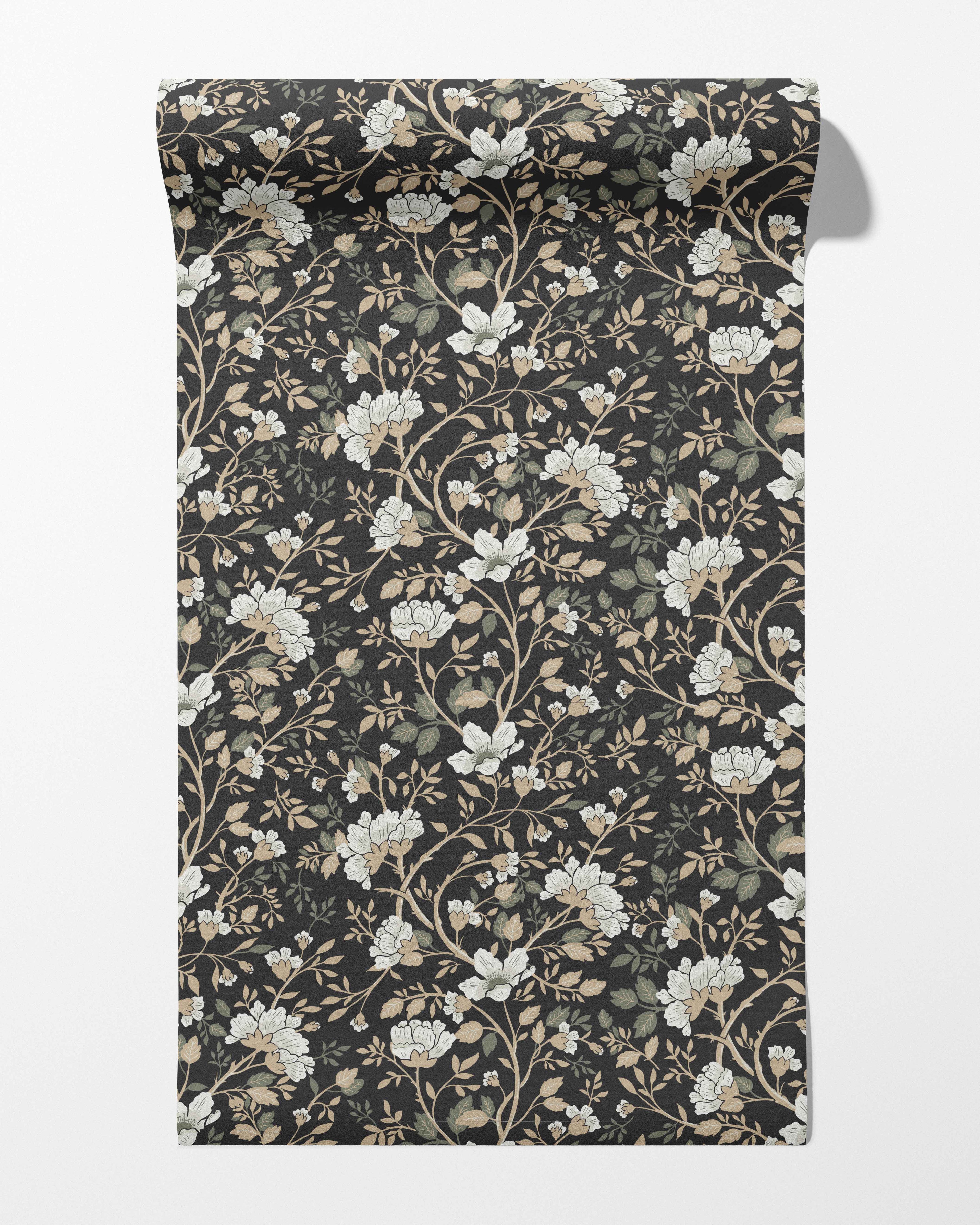 Camellia Study Wallpaper in Coal Cream Olive