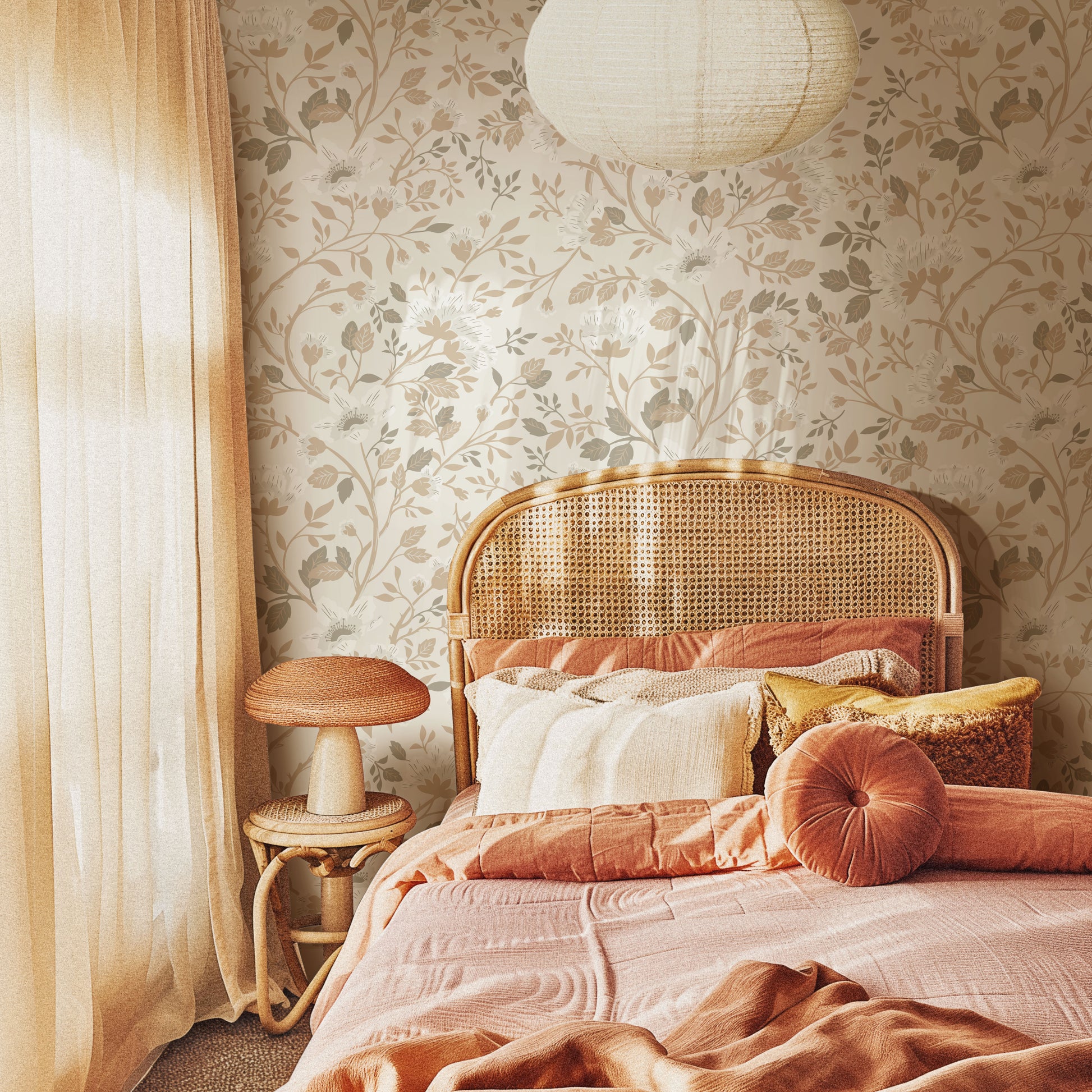 Camellia Study Wallpaper in Natural Linen