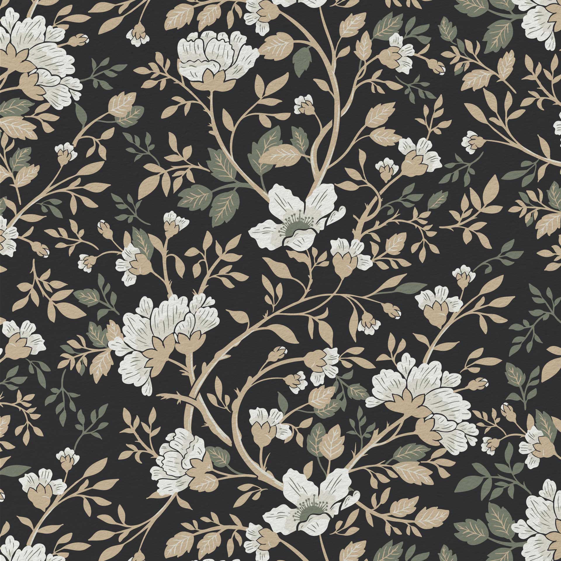 Camellia Study Wallpaper in Coal Cream Olive
