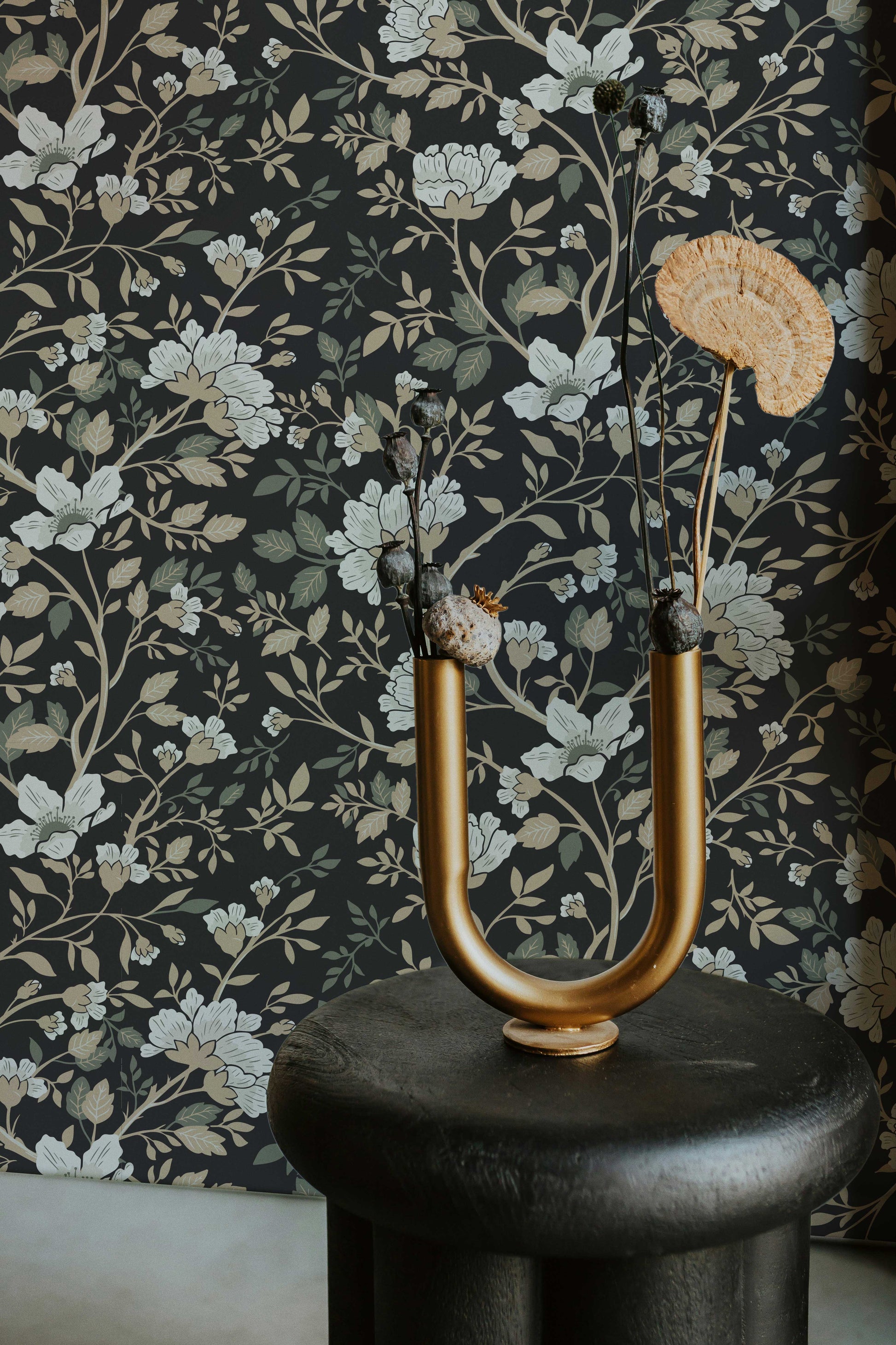 Camellia Study Wallpaper in Coal Cream Olive
