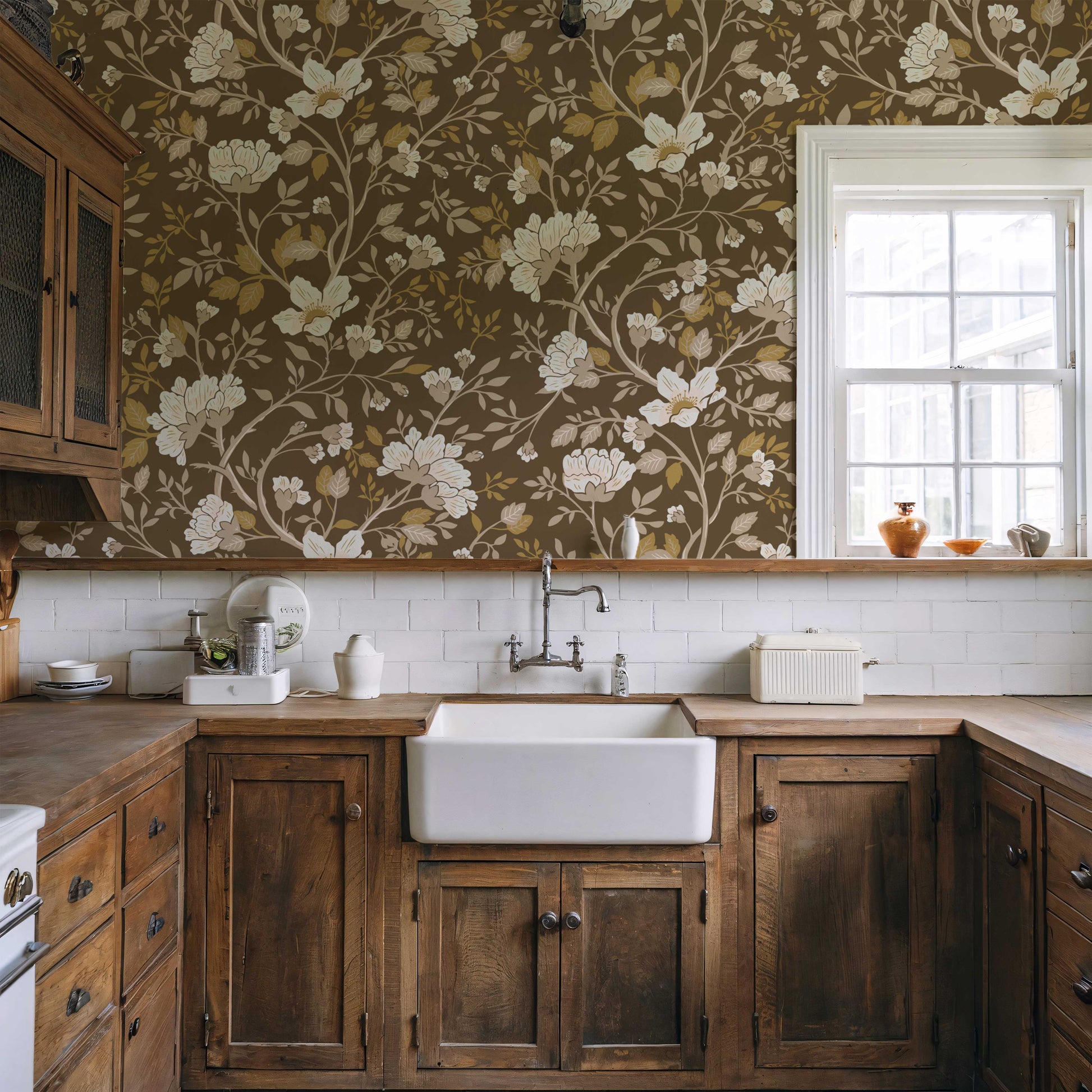 Camellia Study Wallpaper in Golden Vine