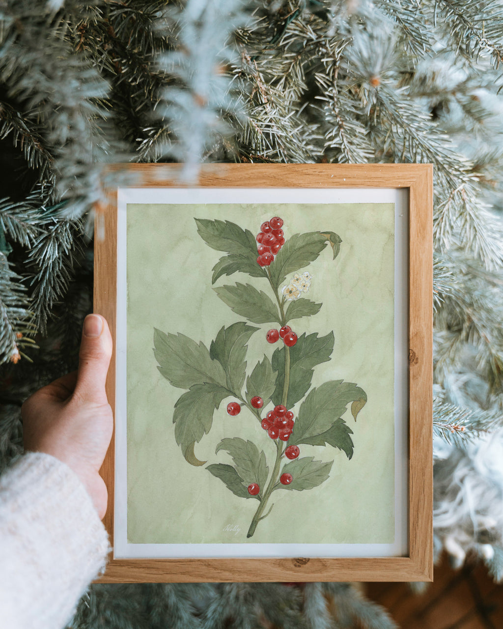 Framed botanical art print with red berries held in front of a Christmas tree — Print club holiday.