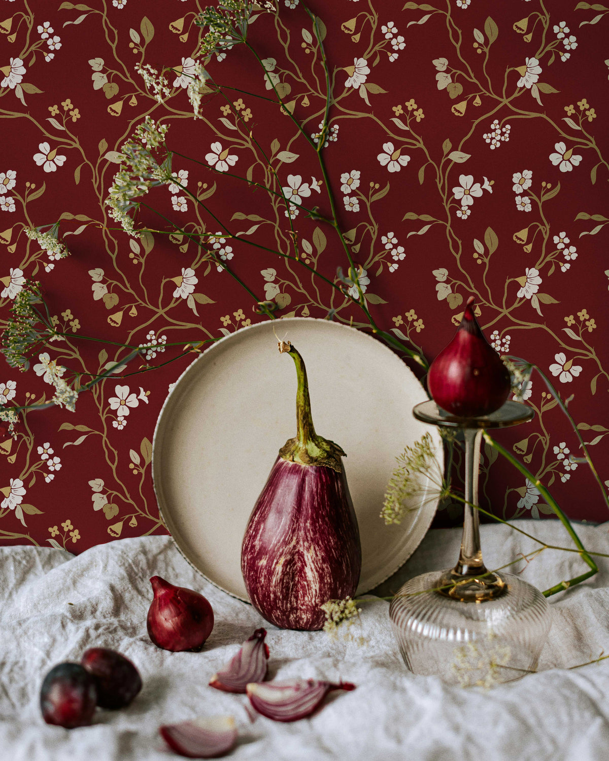 Lunaria Vine Wallpaper in Tuscan Merlot