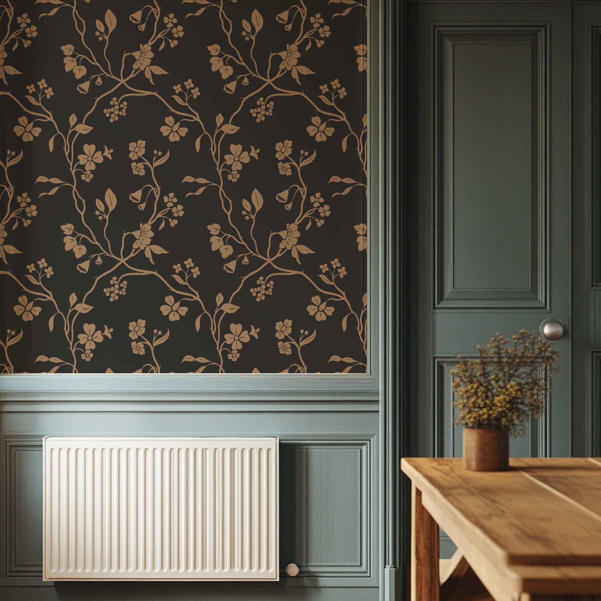 Lunaria Vine Wallpaper in Coal Rose