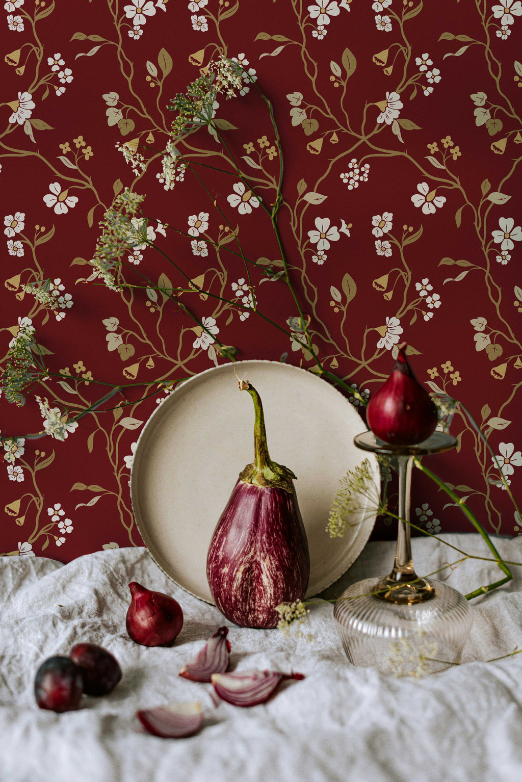 Lunaria Vine Wallpaper in Tuscan Merlot