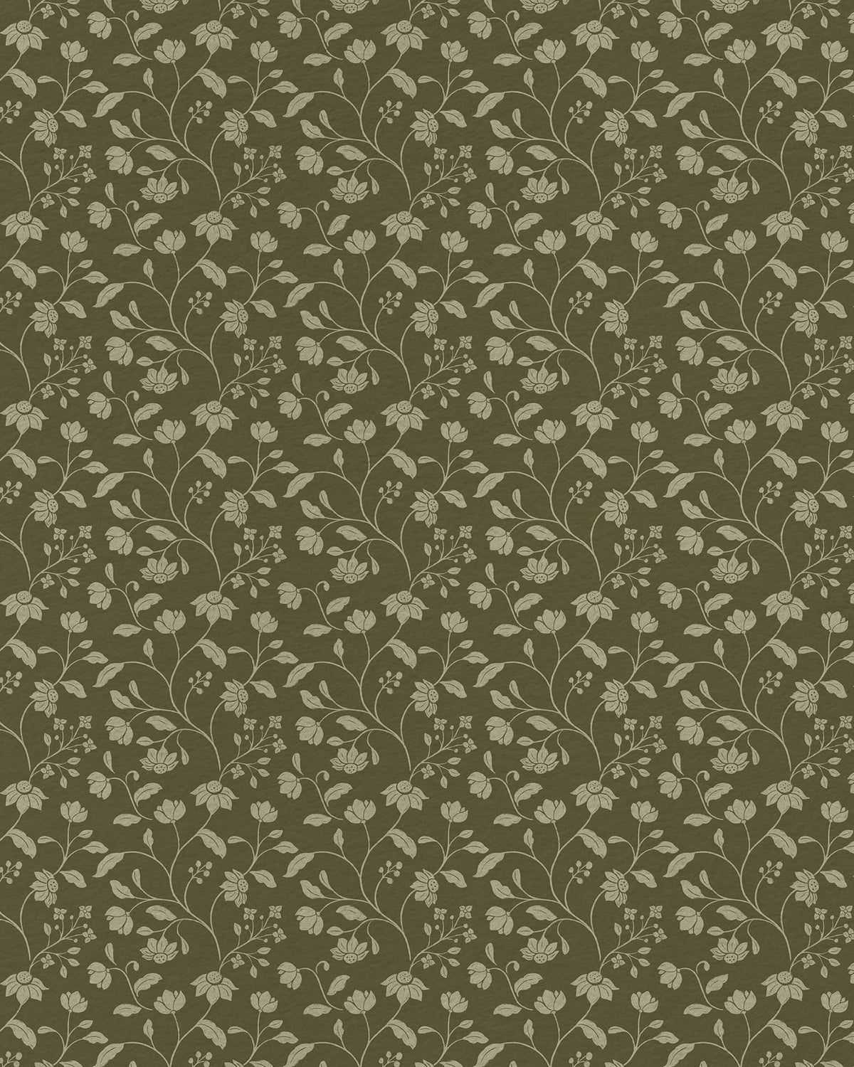 A repeating floral vine pattern in light beige on an olive green background, shown as a flat all-over surface design.