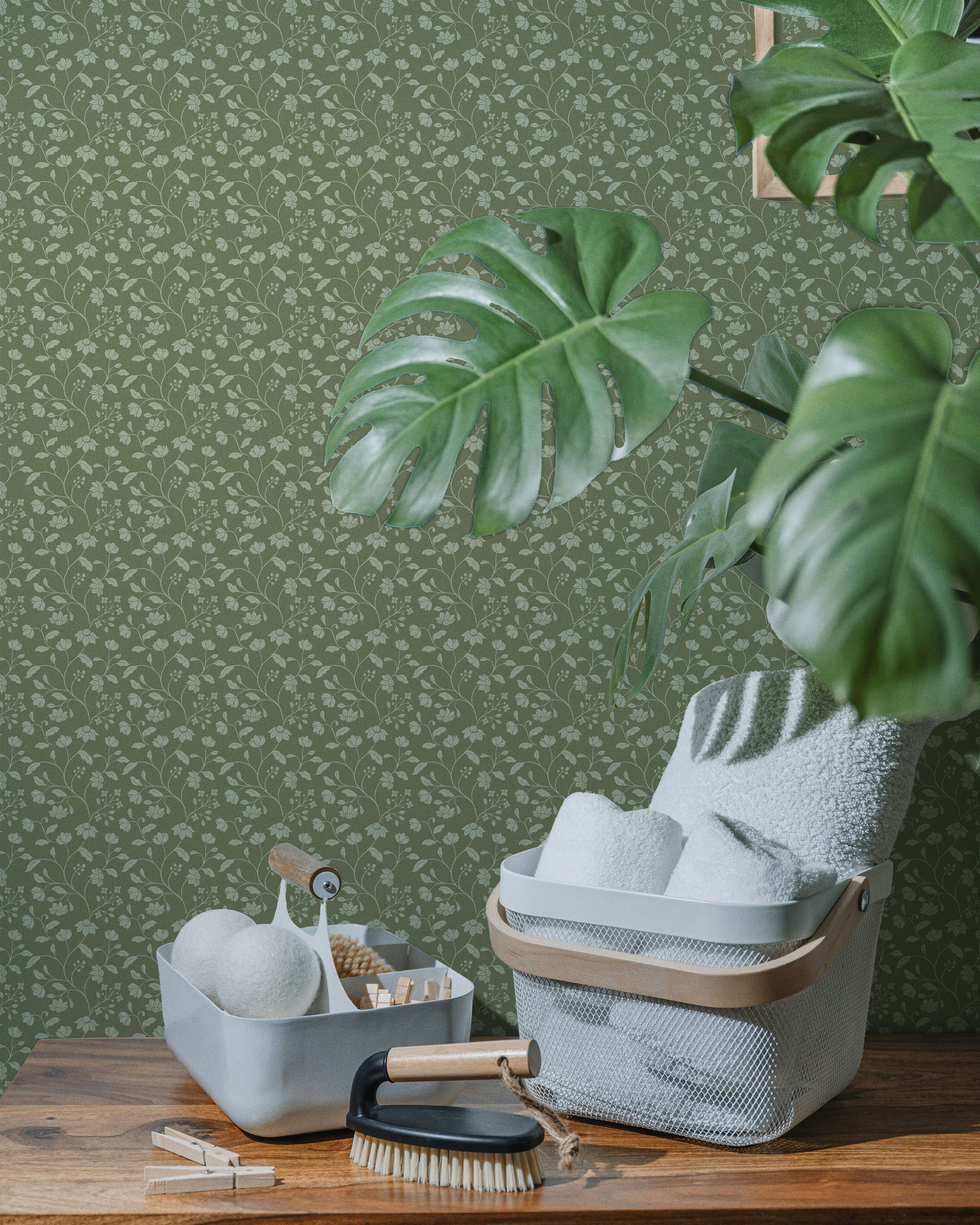 Wild Geranium Wallpaper in Rustic Olive