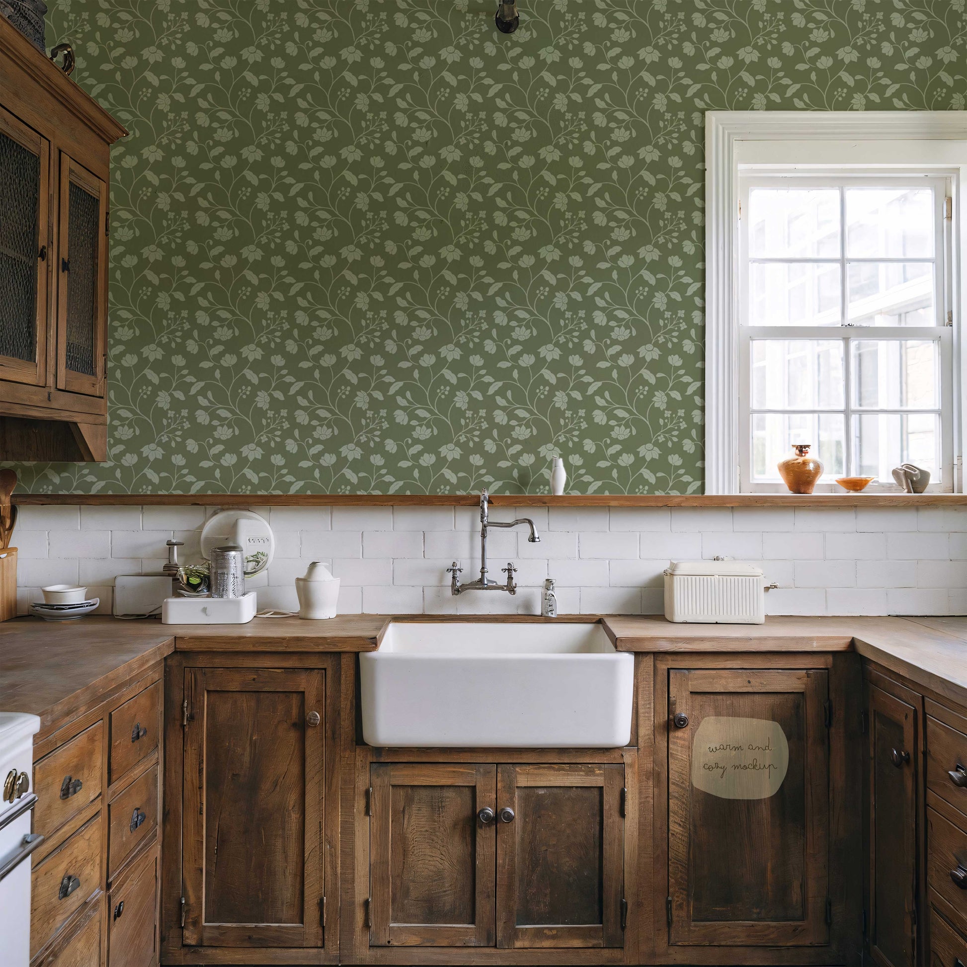 Wild Geranium Wallpaper in Rustic Olive