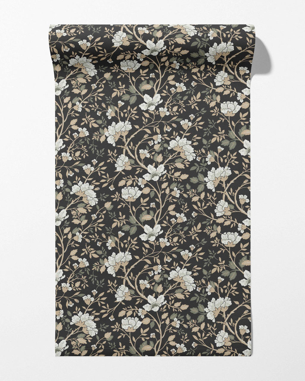 Camellia Study Wallpaper in Coal Cream Olive - Riverpine