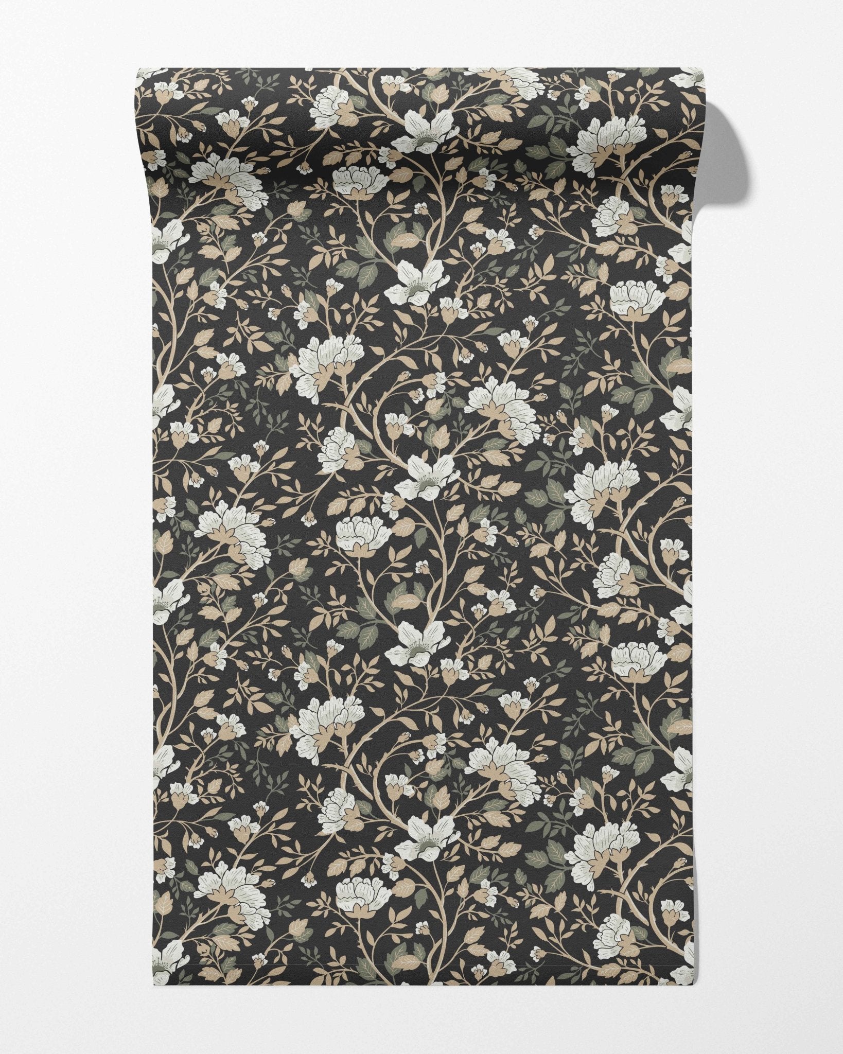 Camellia Study Wallpaper in Coal Cream Olive - Riverpine