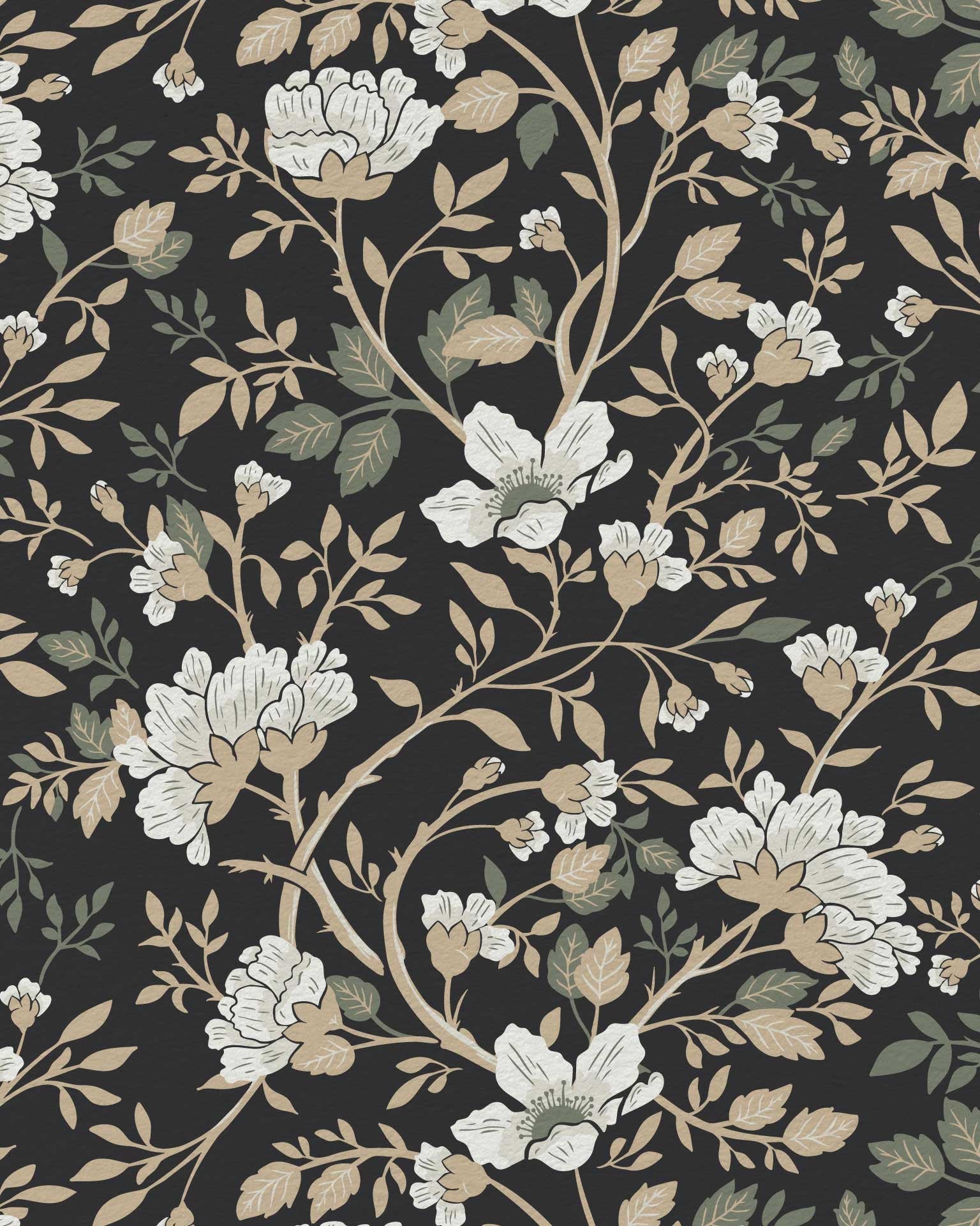 Camellia Study Wallpaper in Coal Cream Olive - Riverpine