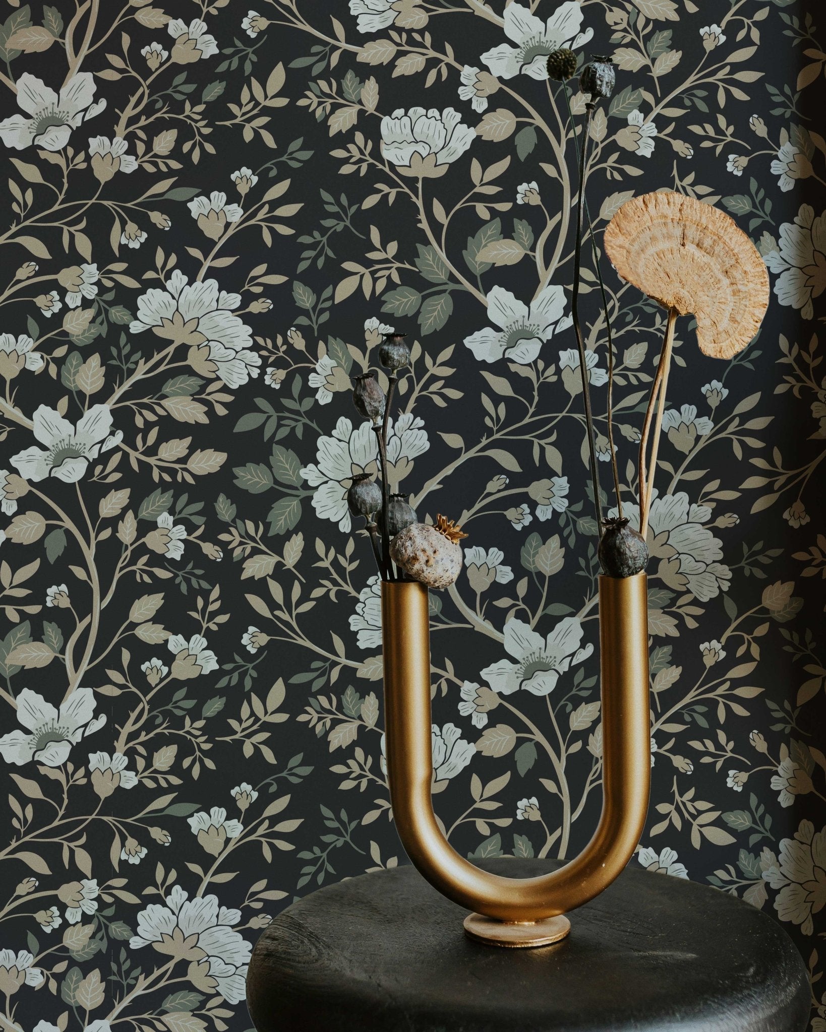 Camellia Study Wallpaper in Coal Cream Olive - Riverpine