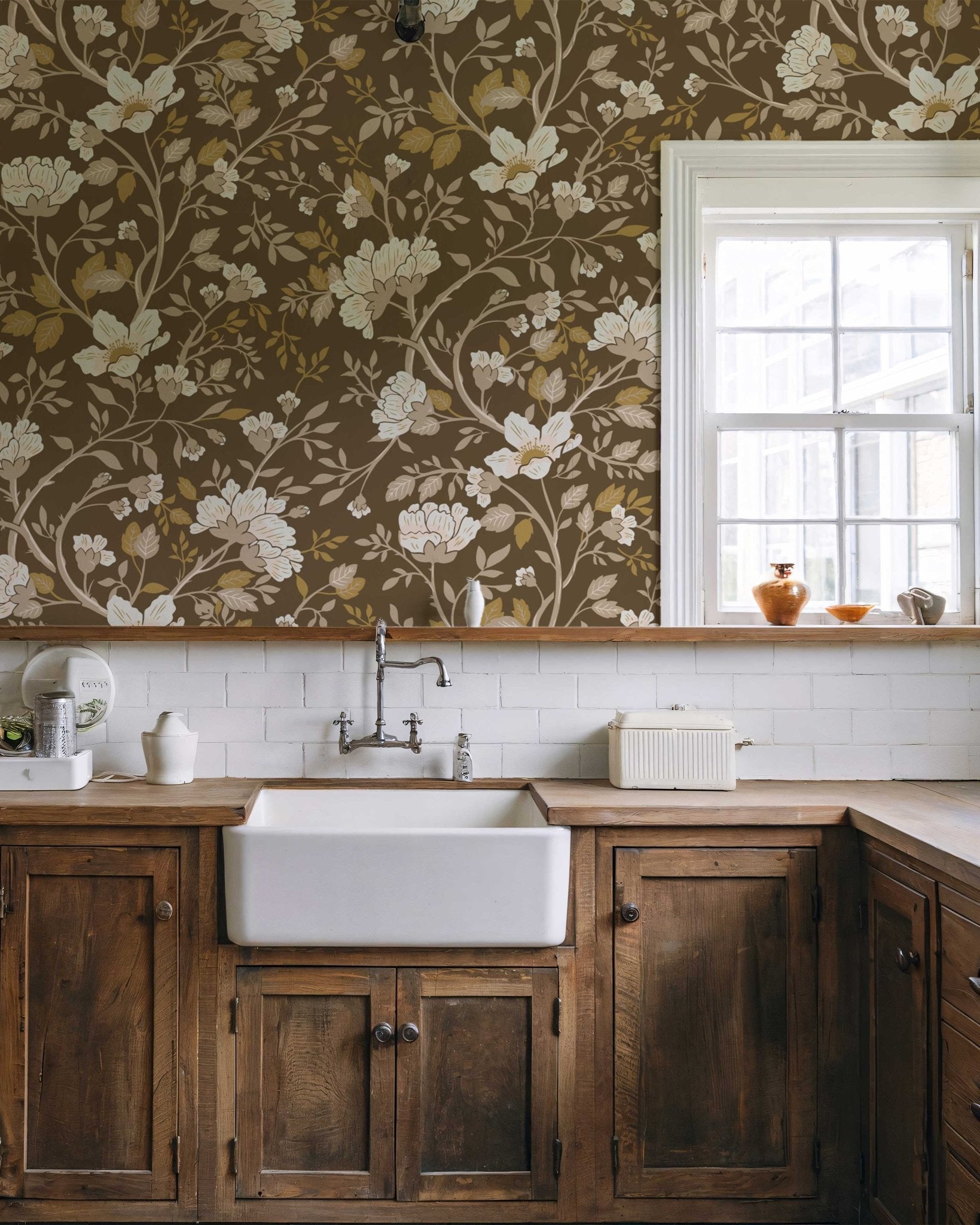 Camellia Study Wallpaper in Golden Vine - Riverpine