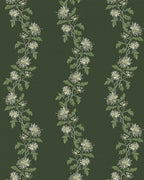 Dark green floral stripe wallpaper with cream botanical vines and chrysanthemum-style blooms in a traditional heritage pattern