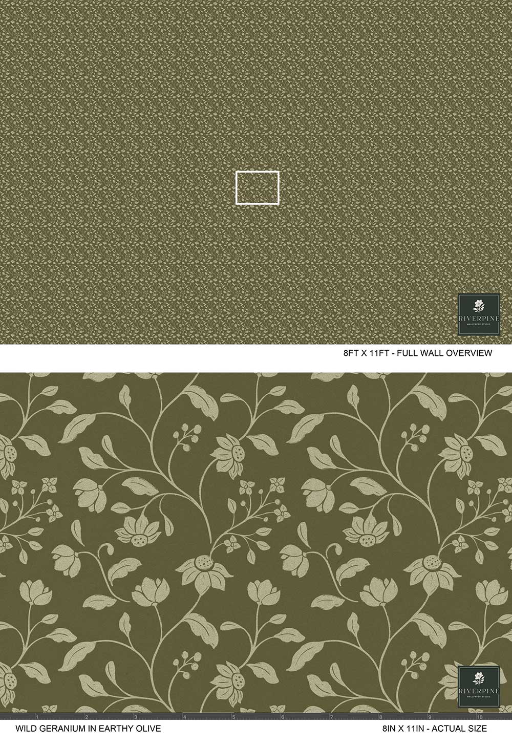 A wallpaper sample sheet showing a floral pattern in earthy olive tones. The top section shows a close-up of the repeating pattern in a muted olive-brown color, with a small white square highlighting a section of the design.
