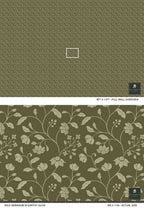 A wallpaper sample sheet showing a floral pattern in earthy olive tones. The top section shows a close-up of the repeating pattern in a muted olive-brown color, with a small white square highlighting a section of the design.