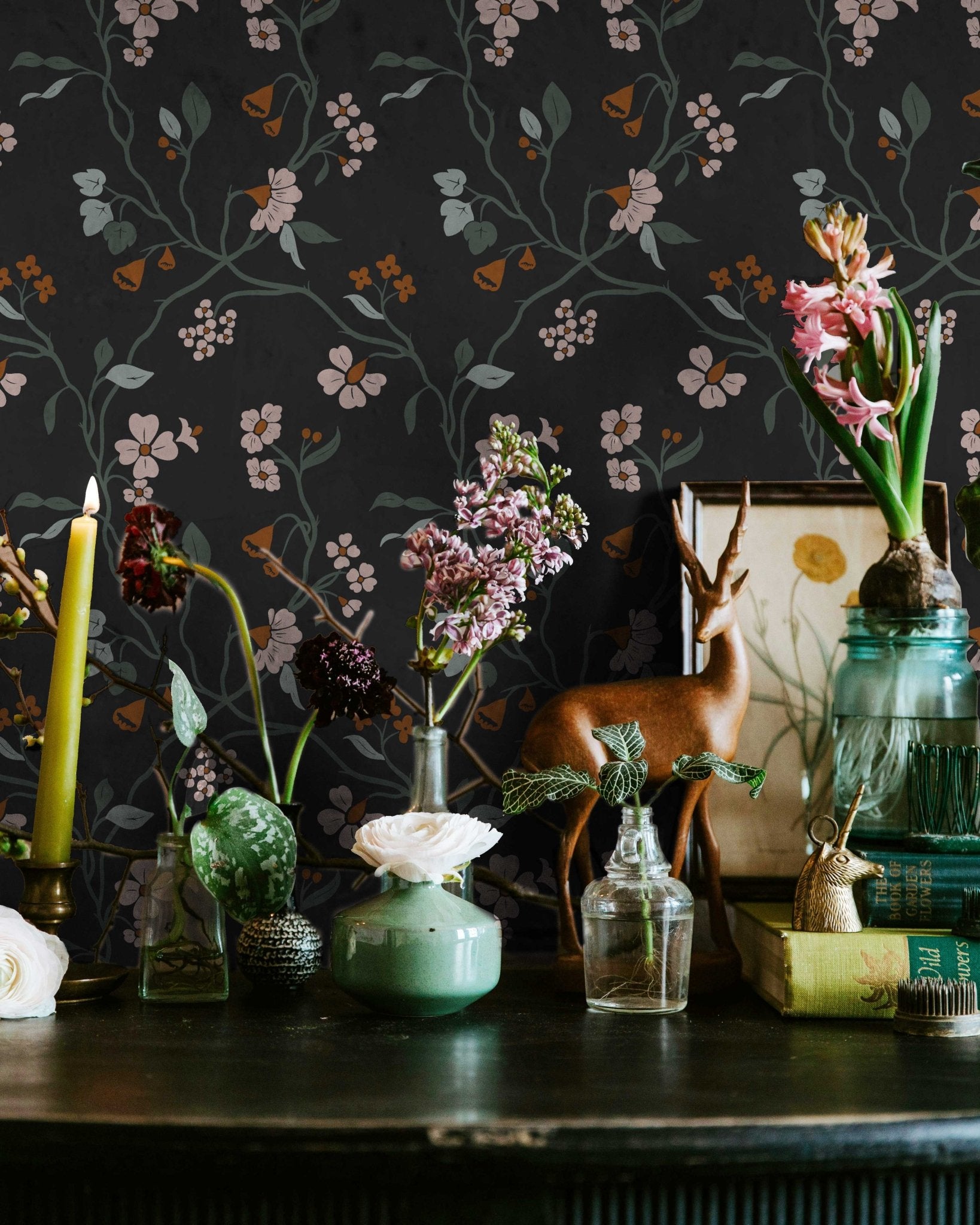 Lunaria Vine Wallpaper in Moody Charcoal - Riverpine