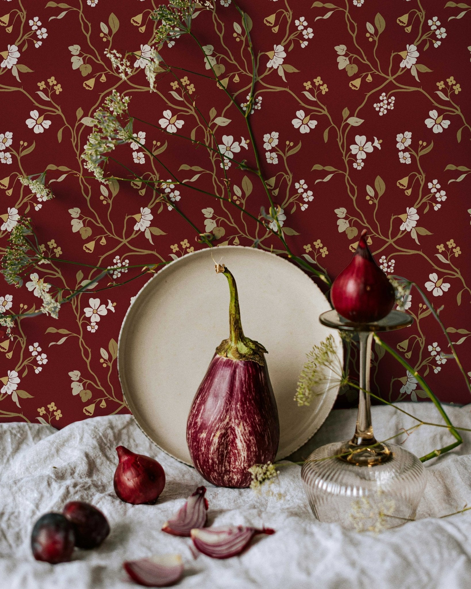 Lunaria Vine Wallpaper in Tuscan Merlot - Riverpine