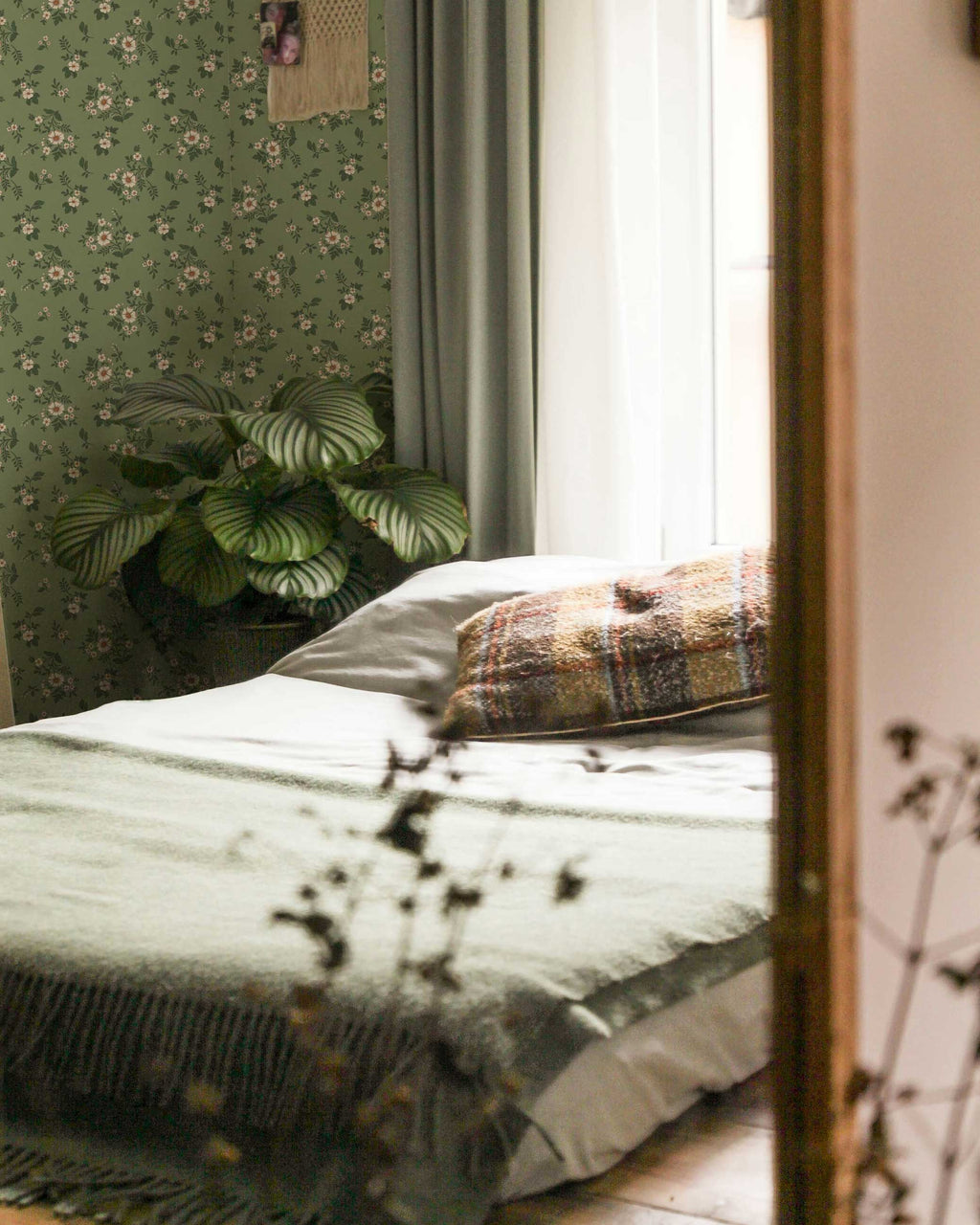 Bedroom with floral wallpaper, green plant, and window light