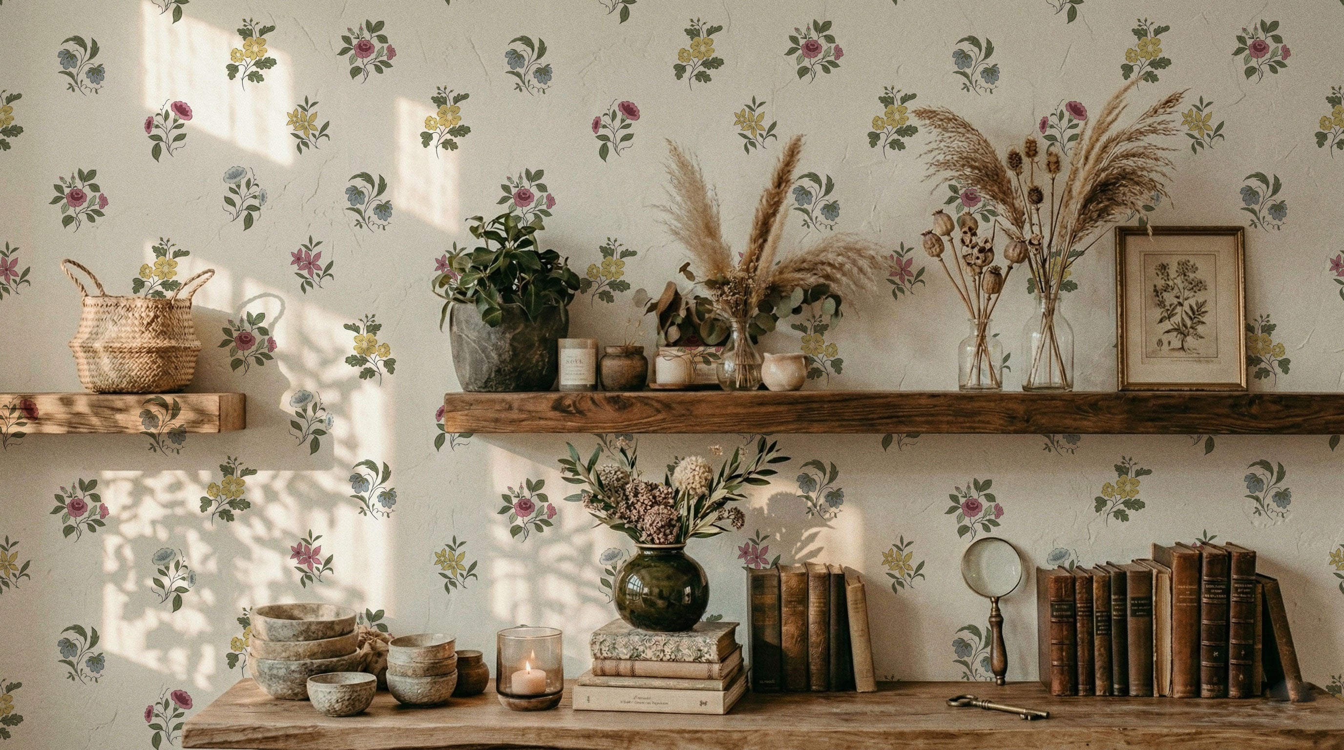 Vintage floral wallpaper with small scattered botanical motifs on a textured cream wall styled with wooden shelves, books, ceramic bowls, dried florals, and warm natural light in a cozy heritage-inspired interior
