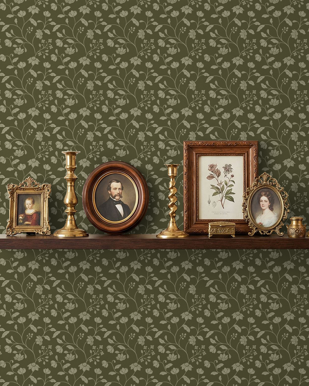 Wild Geranium wallpaper in earthy olive with floral motifs and vintage decor on shelf.