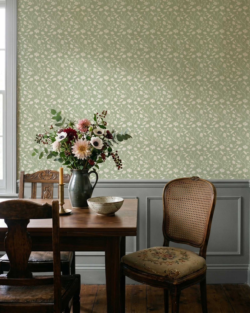 Wild Geranium Wallpaper in Soft Sage - Riverpine